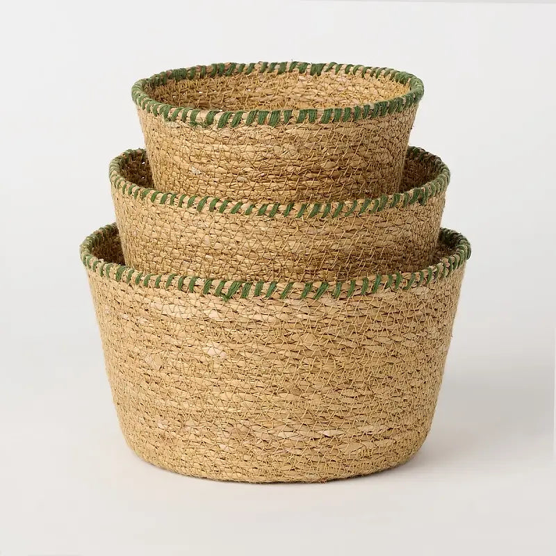 Stitch Green Woven Round Seagrass Basket (Set of 3)