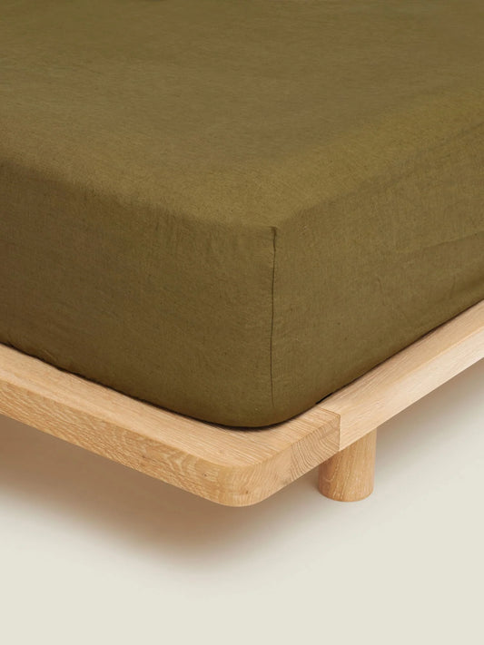 Olive French Linen Fitted Sheet - Queen