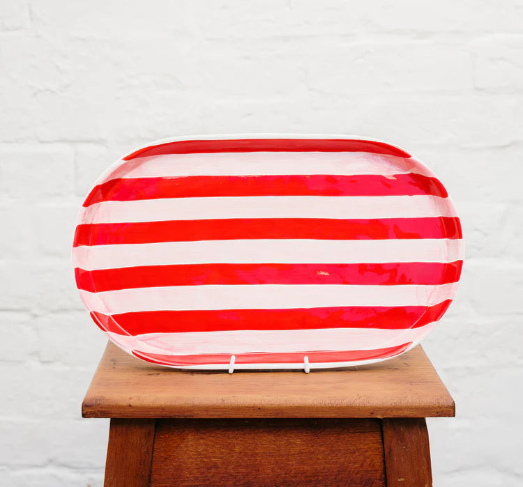 Oval Platter - Pink & Red Stripe