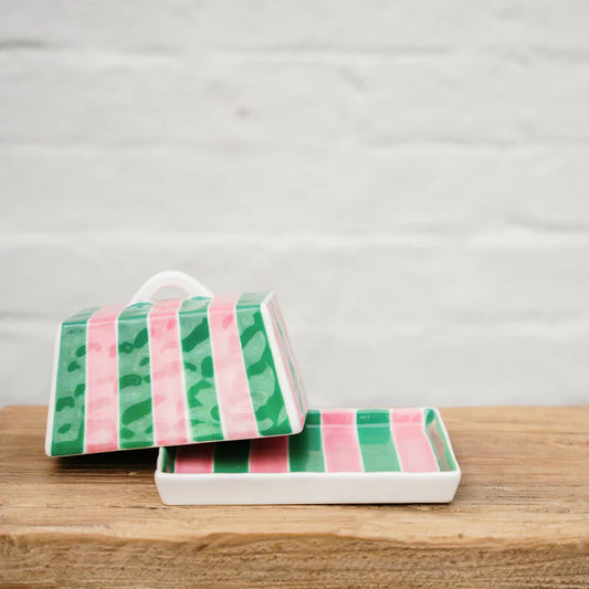 Large Butter Dish - Pink and Green Stripe