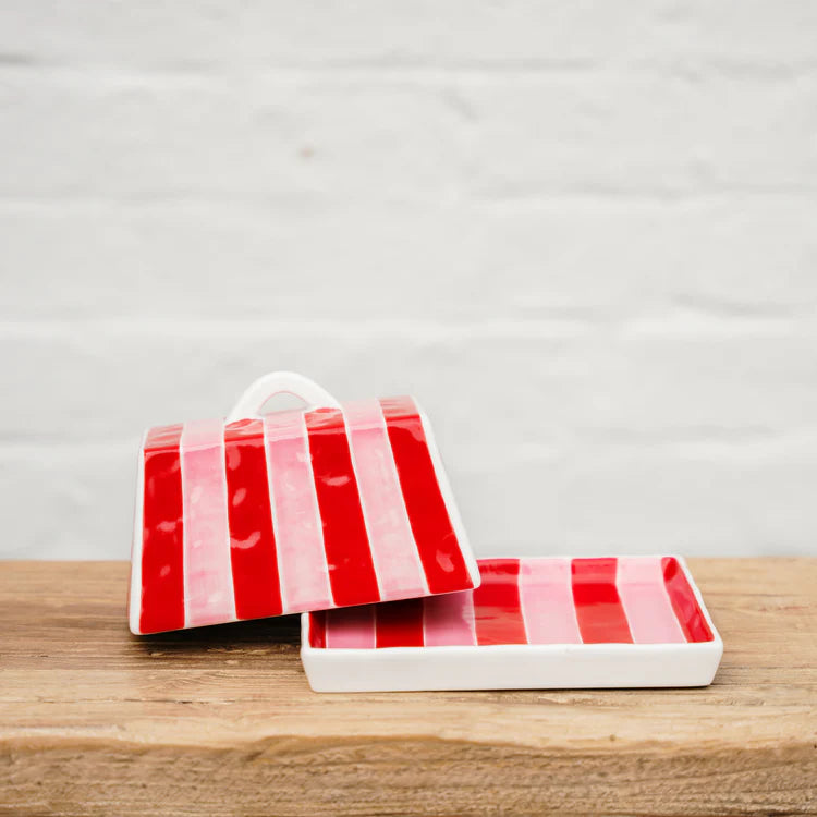 Large Butter Dish - Pink and Red Stripe