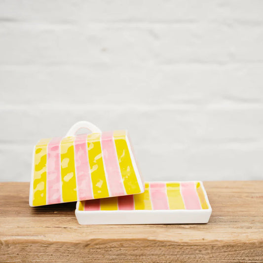 Large Butter Dish - Pink and Yellow Stripe