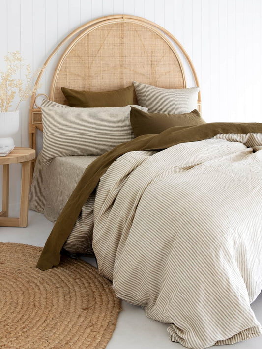 Olive Stripes 100% Linen Duvet Cover - Queen