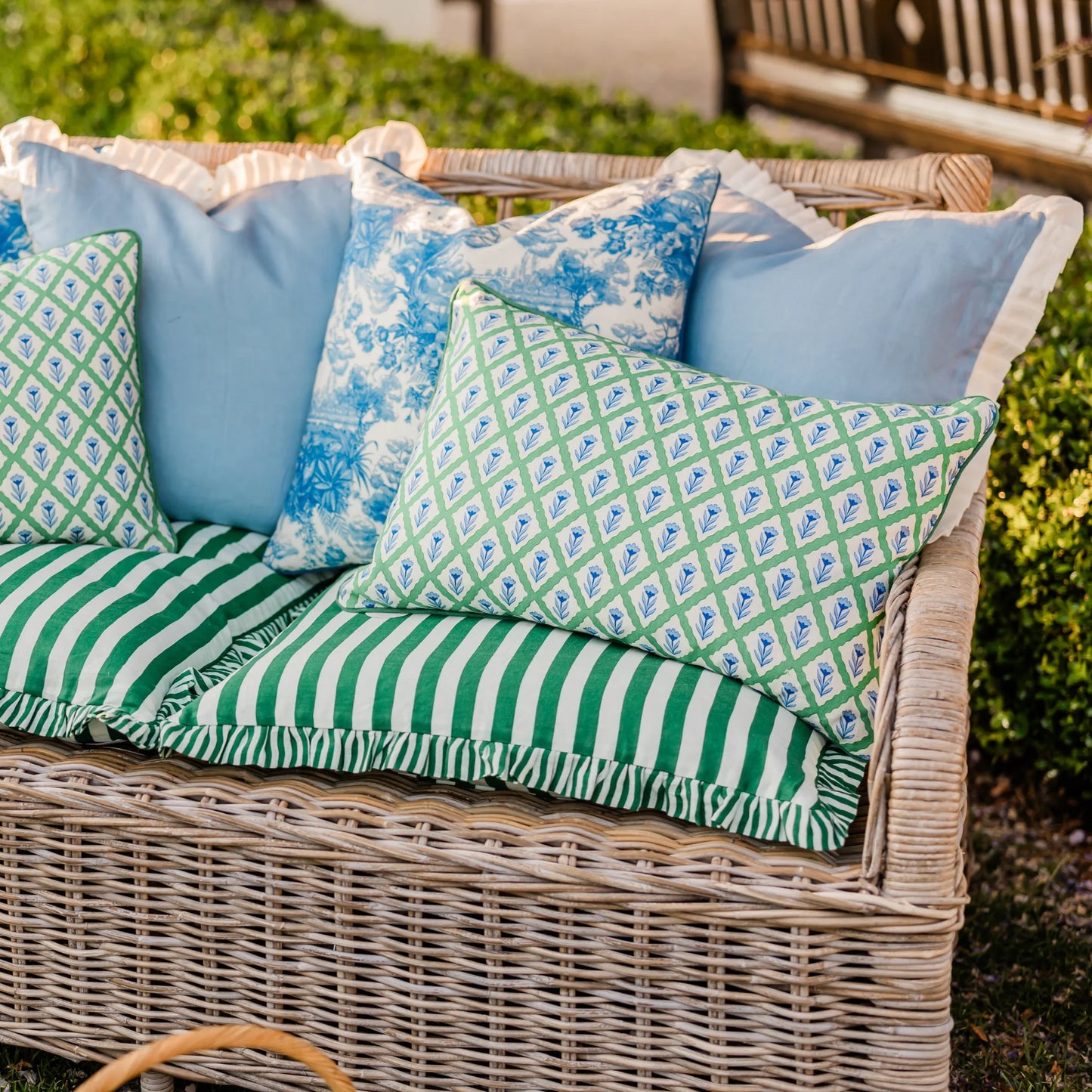 Green Ruffle Stripe Linen Cushion Cover 65 x 65