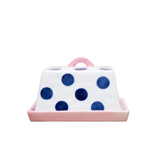 Butter Dish - Navy Dots with Pink Handle and Tray