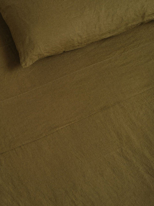 Olive French Linen Flat Sheet - Queen