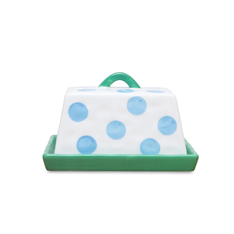 Butter Dish - Blue Spots with Green Handle and Tray