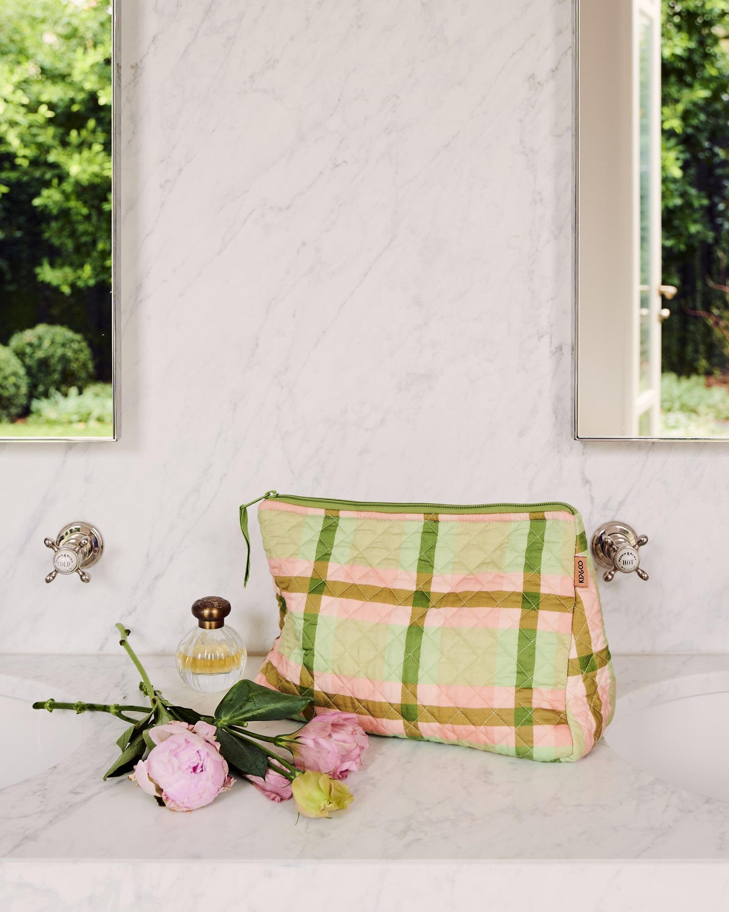 Pistachio Tartan Quilted Cotton Toiletry Purse