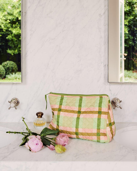 Pistachio Tartan Quilted Cotton Toiletry Purse