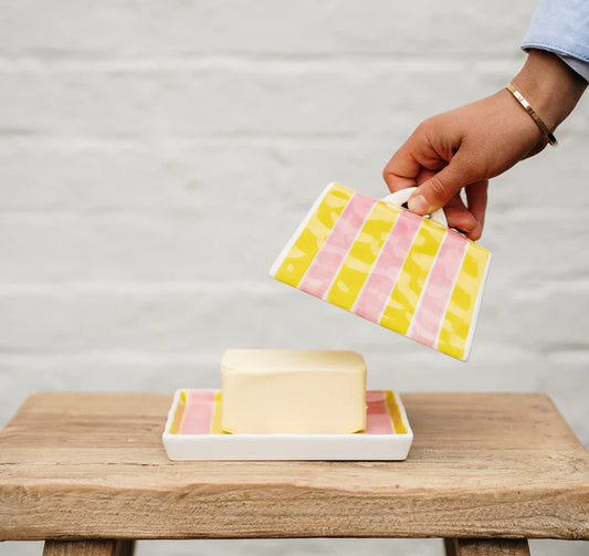 Large Butter Dish - Pink and Yellow Stripe