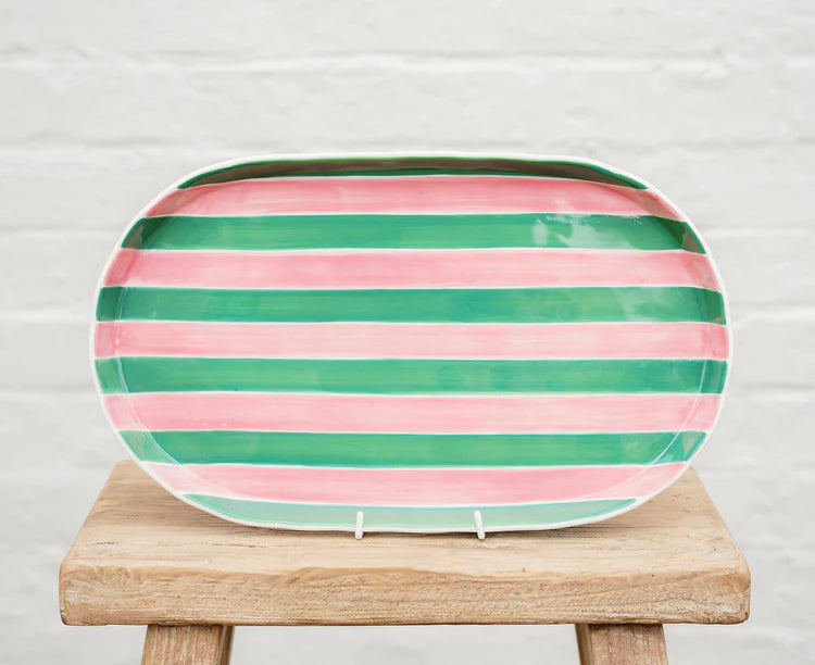 Oval Platter - Pink and Green Stripe