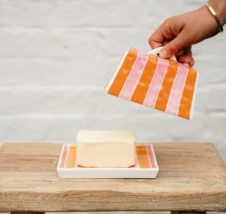Large Butter Dish - Orange and Pink Stripe