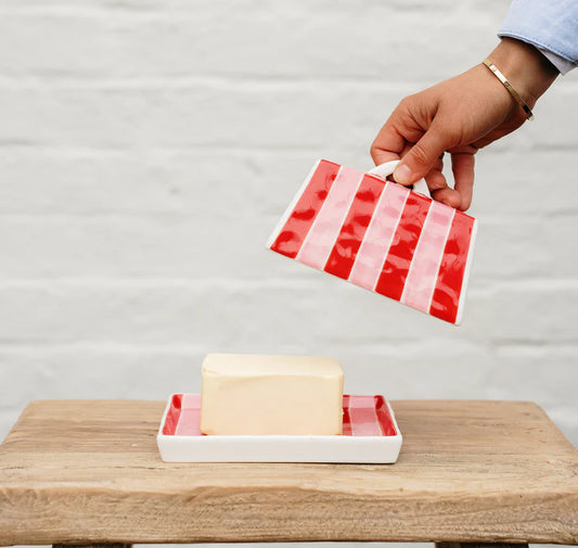 Large Butter Dish - Pink and Red Stripe