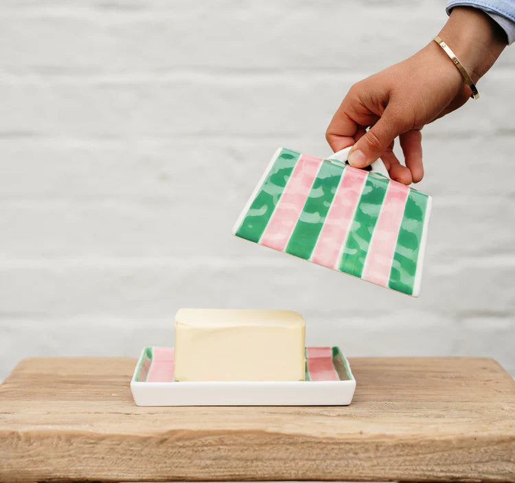 Large Butter Dish - Pink and Green Stripe