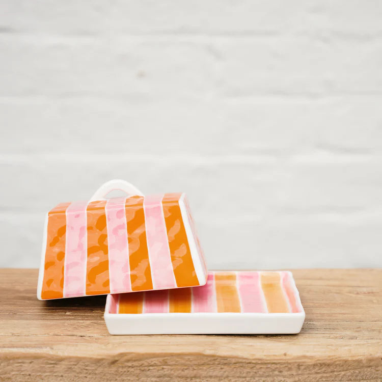 Large Butter Dish - Orange and Pink Stripe
