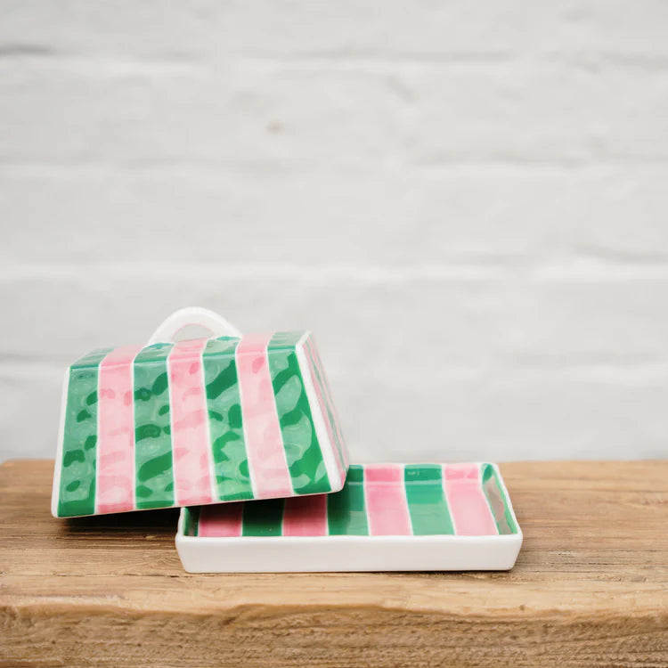 Large Butter Dish - Pink and Green Stripe
