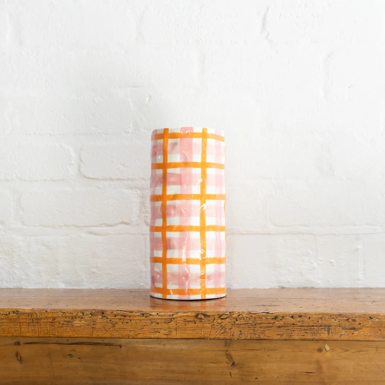 Large Vase - Pink and Orange Gingham