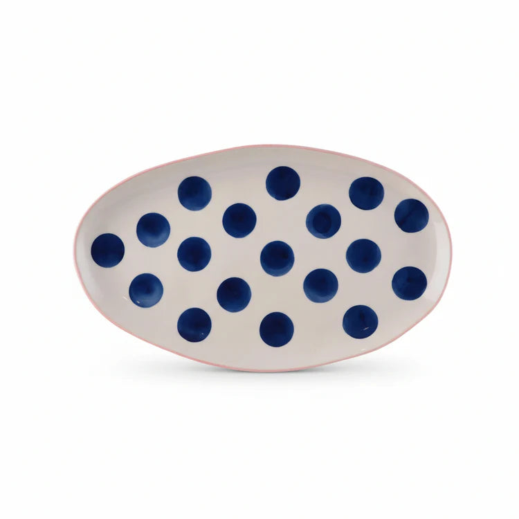 Small Oval Platter - Pink Rim and Navy Dots