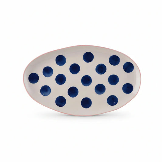 Small Oval Platter - Pink Rim and Navy Dots