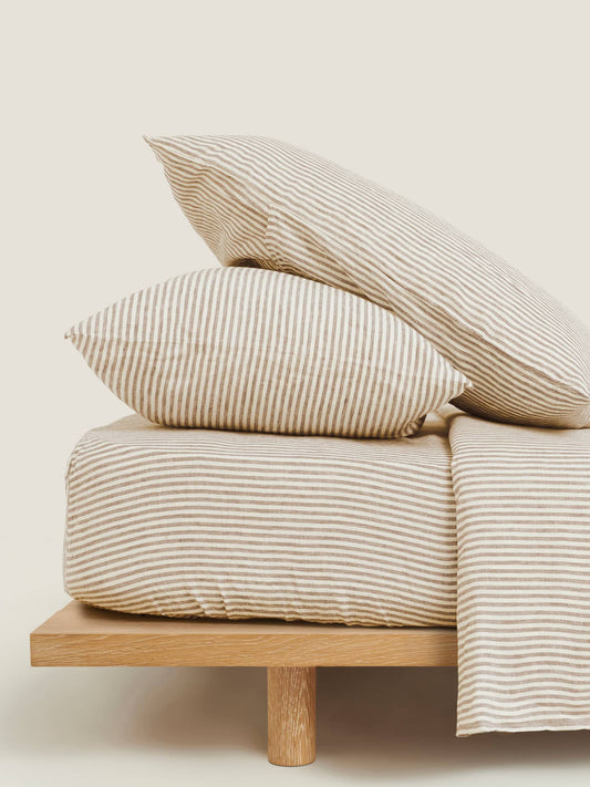 Olive Stripes French Linen Fitted Sheet - Queen